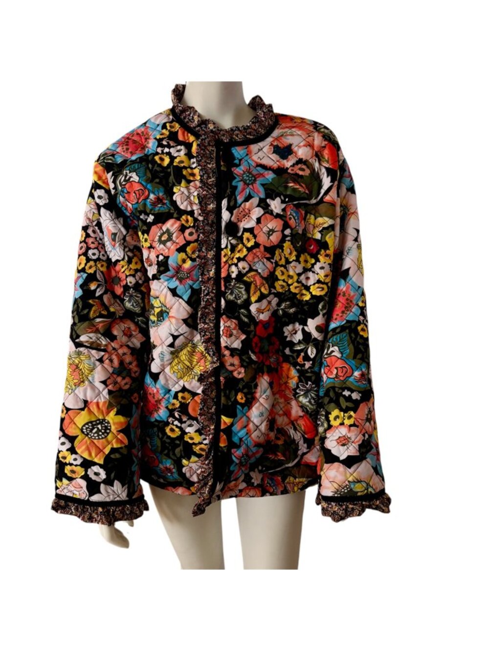 Floral Quilted Jacket Black Multi Ruffle Maximalist Cottagecore Velvet Trim